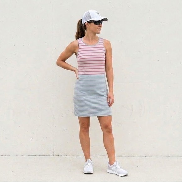 Columbia Dresses & Skirts - Columbia PFG Striped Tank Dress Womens Medium Pink Teal‎ Grey Casual Mini